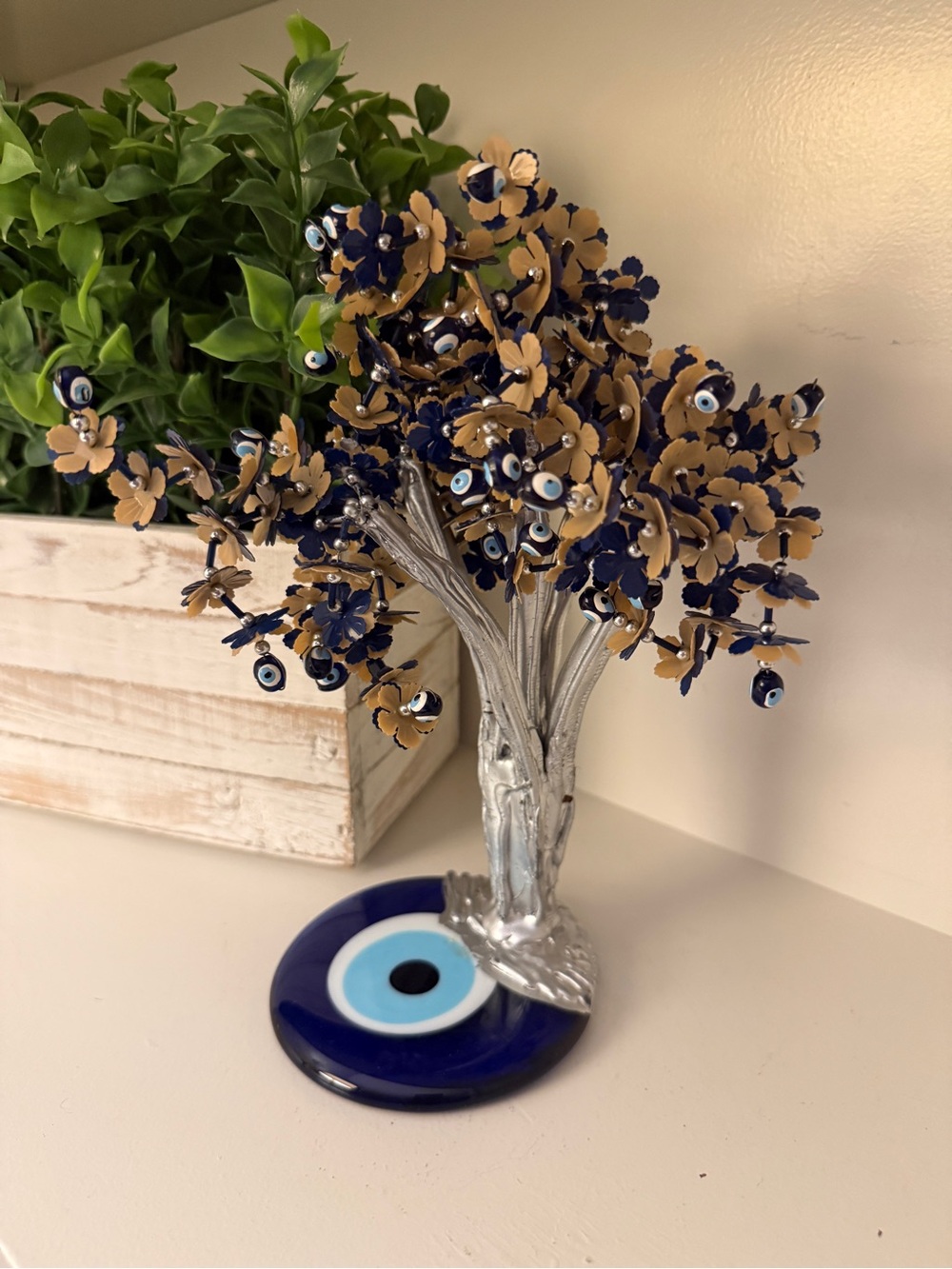 Turkish Nazar Evil Eye Tree Blue Gold Glass Beaded Metal Home Decor